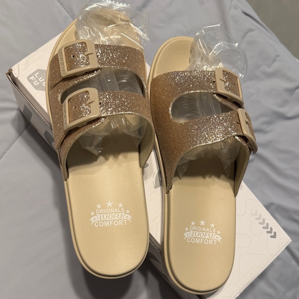 Glittery gold and Tan womens Sandals- NWB - Size 39/8
